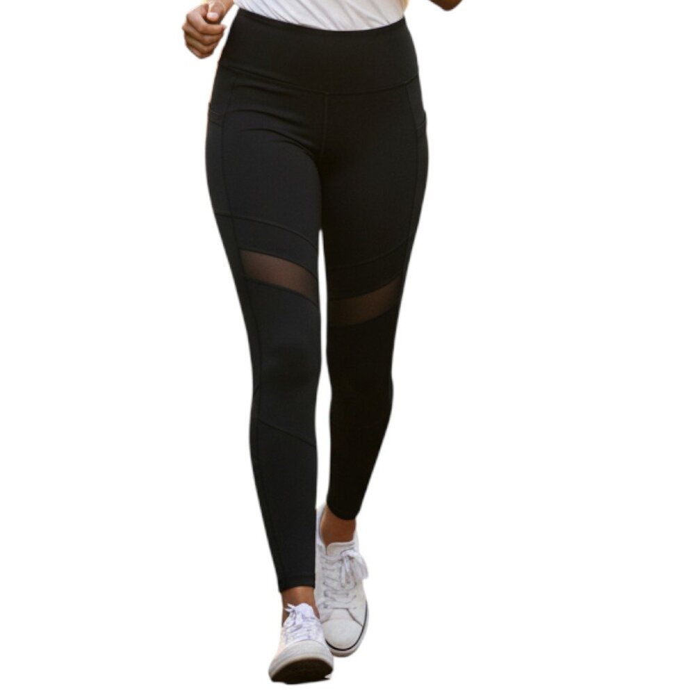 LILDY Black Sport Stretchy Leggings with Mesh Cutouts with Pockets - size L/XL